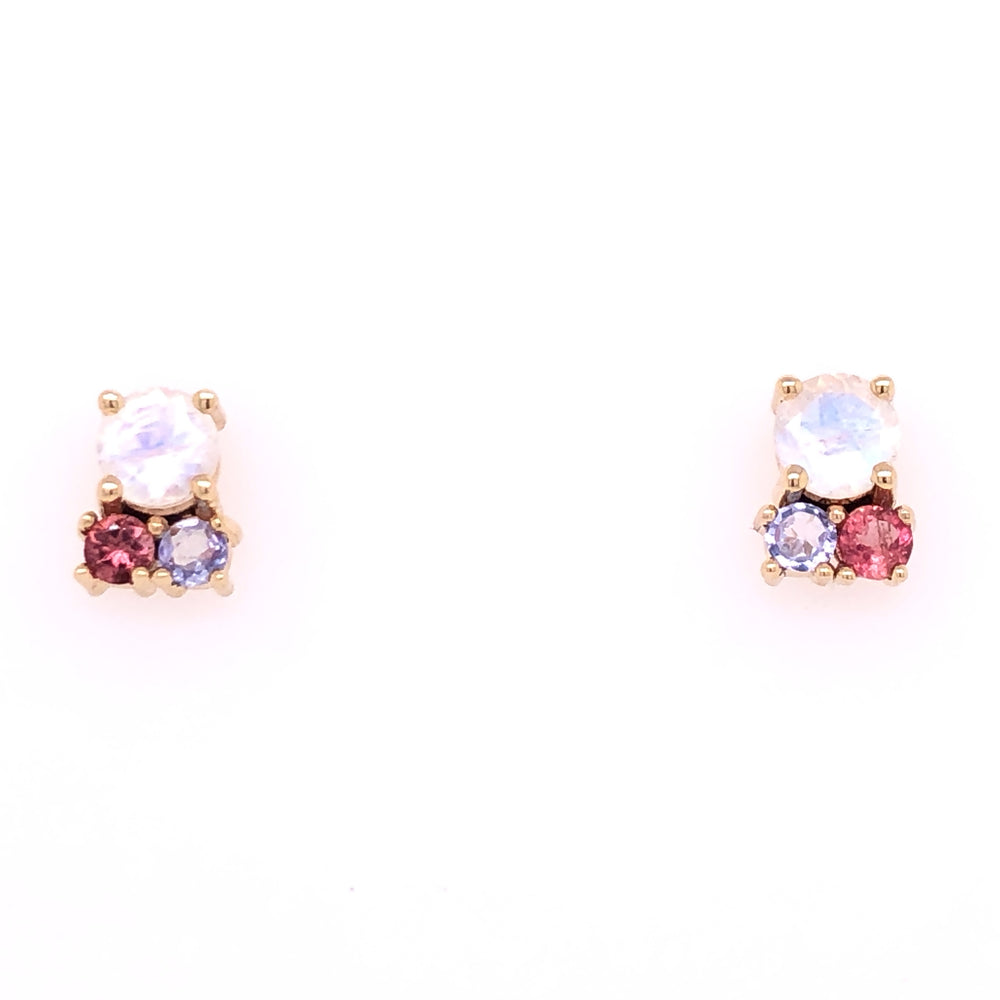 ENTREGA INMEDIATA / Aretes de Moonstone con Tanzanitas y Turmalinas / Oro Amarillo 14k / Par