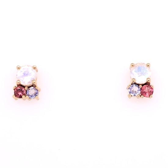 Load image into Gallery viewer, IMMEDIATE DELIVERY / Moonstone Earrings with Tanzanites and Tourmalines / 14k Yellow Gold / Pair
