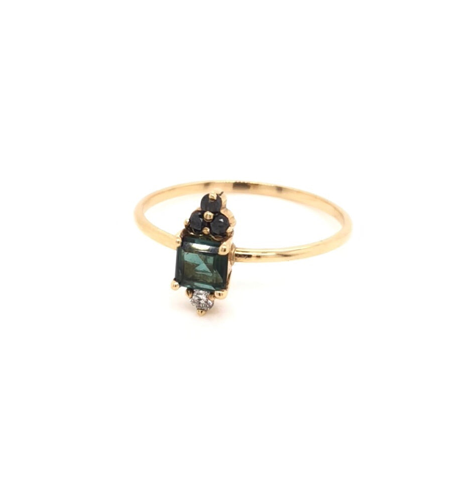 
                      
                        Anillo de Turmalina con Diamantes Negros y Diamante Blanco
                      
                    