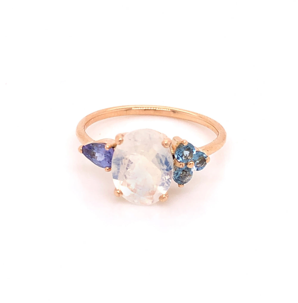 Moonstone Ring with Aquamarines and Tanzanites